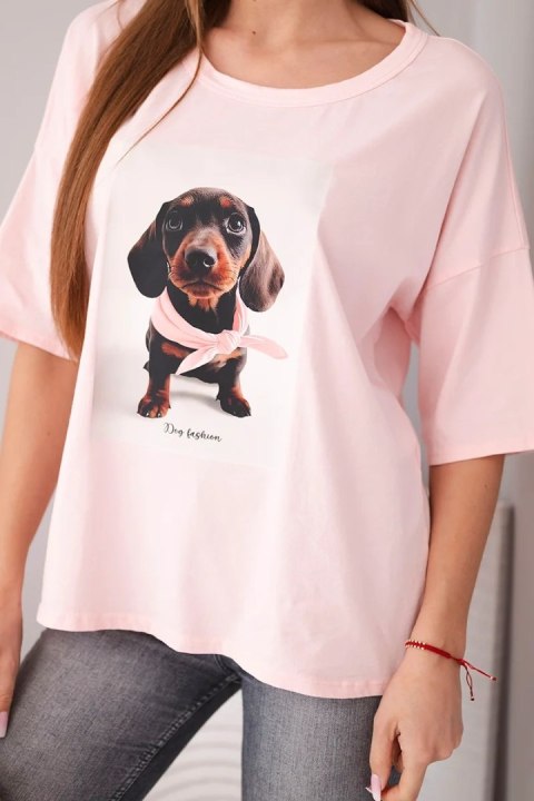 Bluzka damska bawełniana oversize z nadrukiem "Dog Fashion" cukierkowy róż