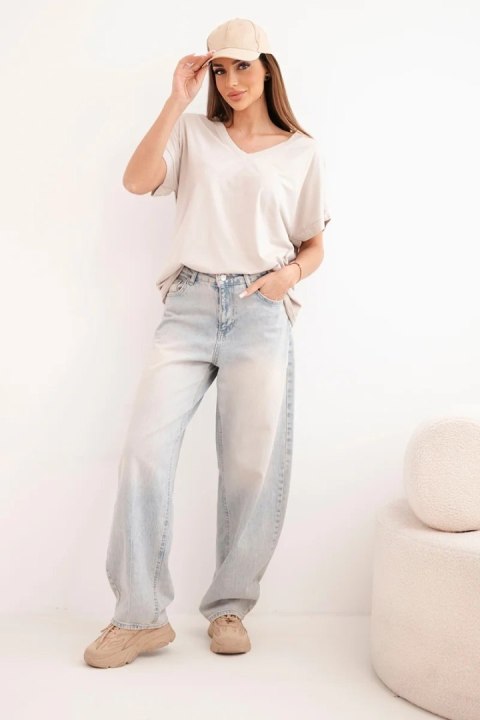 Bluzka damska bawełniana z dekoltem V i krótkim rękawem beżowa