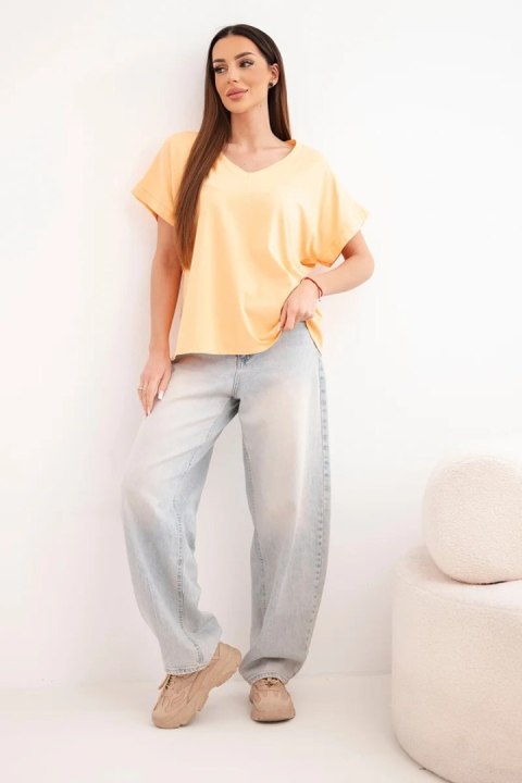 Bluzka damska bawełniana z dekoltem V i krótkim rękawem brzoskwiniowa