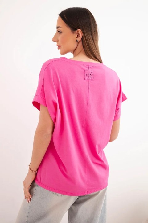 Bluzka damska bawełniana z dekoltem V i krótkim rękawem fuksja