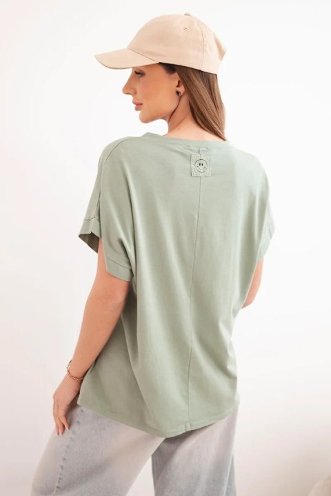 Bluzka damska bawełniana z dekoltem V i krótkim rękawem khaki