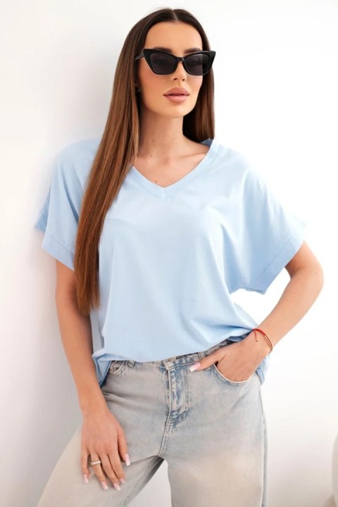 Bluzka damska bawełniana z dekoltem V i krótkim rękawem niebieska