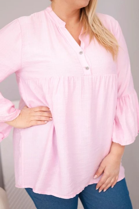 Bluzka damska wiskozowa Plus Size z falbaniastym rękawem i dekoltem V cukierkowy róż