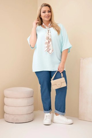 Bluzka damska wiskozowa Plus Size z krótkim rękawem i ozdobną apaszką miętowa