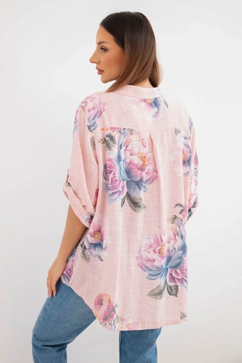 Bluzka damska z bawełny z kwiatowym wzorem pudrowy róż