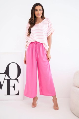 Komplet damski wiskozowy z bluzką w paski i szerokiemi spodniami z gumką różowy
