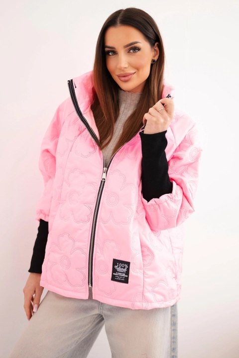 Kurtka damska wiosenna pikowana z ozdobnym tłoczeniem i zamkiem cukierkowy róż