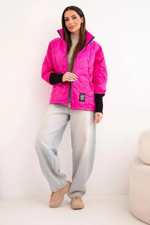 Kurtka damska wiosenna pikowana z ozdobnym tłoczeniem i zamkiem różowy neon