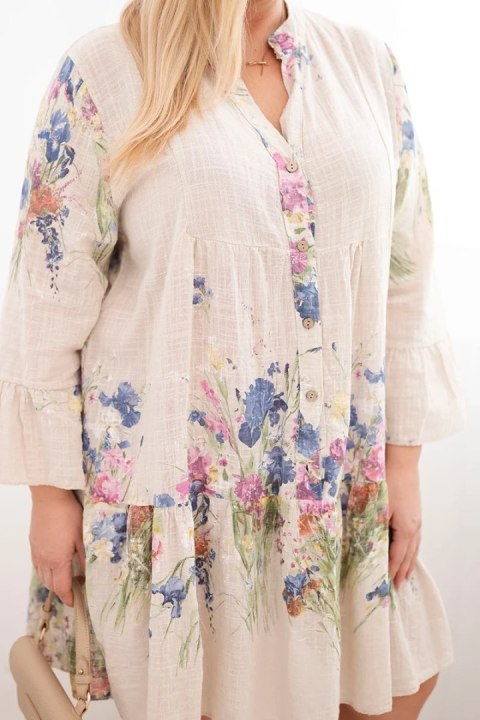 Sukienka damska bawełniana Plus Size z dekoltem V i guzikami kwiatowy wzór beżowa