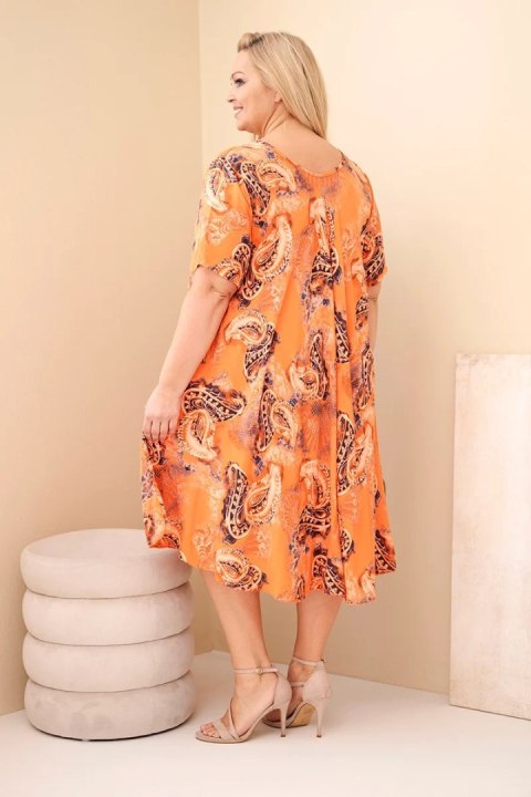 Sukienka damska wiskozowa Plus Size z krótkim rękawem i fasonem paisley pomarańczowa