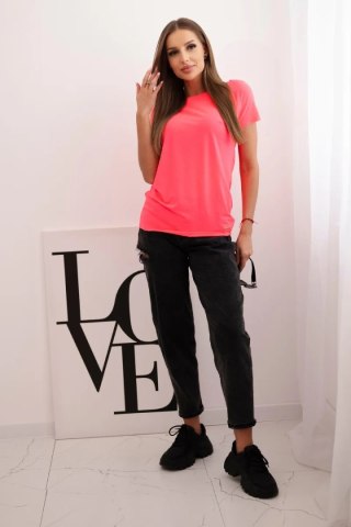 Bluzka damska bawełniana basic z krótkim rękawem różowy neon