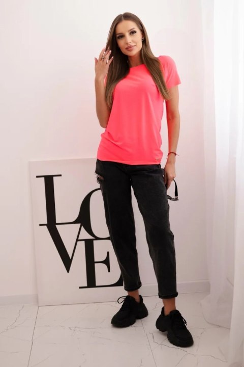 Bluzka damska bawełniana basic z krótkim rękawem różowy neon