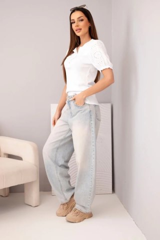 Bluzka damska bawełniana prążkowana z bufiastym rękawem i guziczkami biała