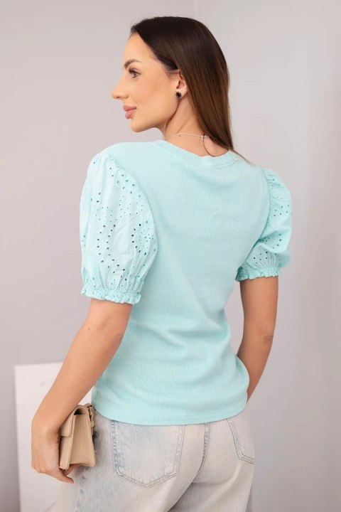 Bluzka damska bawełniana prążkowana z bufiastym rękawem i guziczkami ciemno miętowa