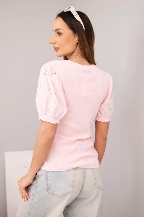 Bluzka damska bawełniana prążkowana z bufiastym rękawem i guziczkami cukierkowy róż