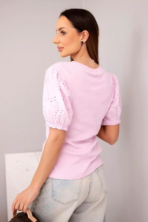 Bluzka damska bawełniana prążkowana z bufiastym rękawem i guziczkami jasno fioletowa