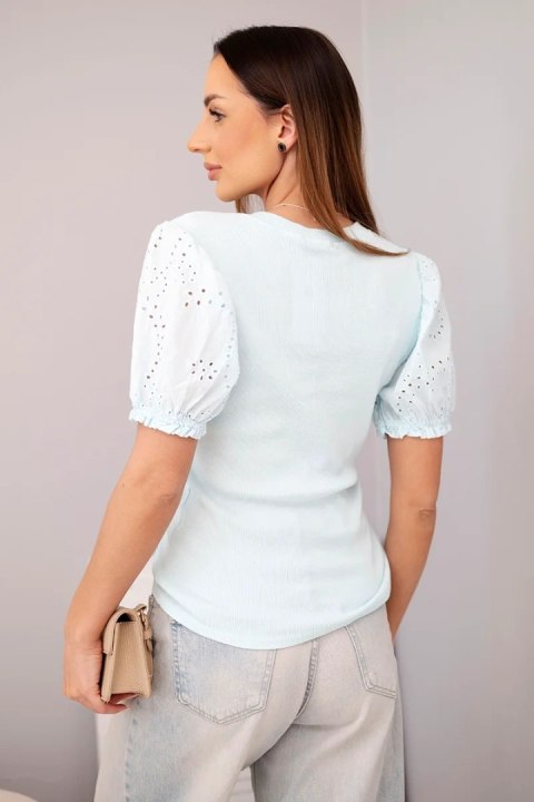 Bluzka damska bawełniana prążkowana z bufiastym rękawem i guziczkami jasno miętowa