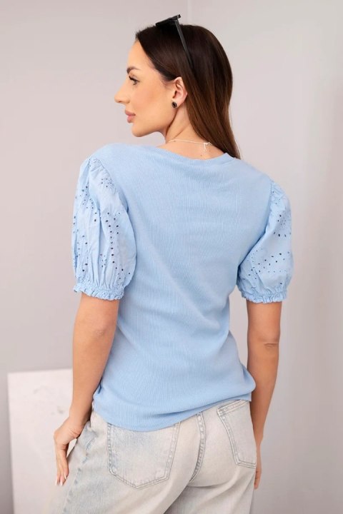 Bluzka damska bawełniana prążkowana z bufiastym rękawem i guziczkami niebieska