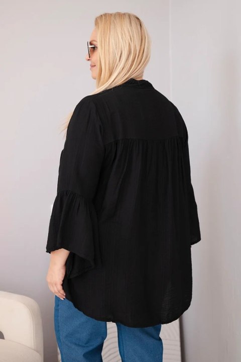 Bluzka damska wiskozowa Plus Size z falbaniastym rękawem i dekoltem V czarna