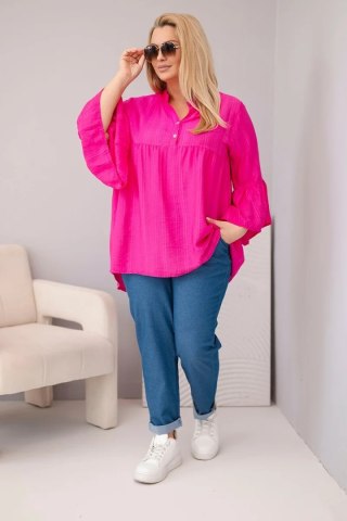 Bluzka damska wiskozowa Plus Size z falbaniastym rękawem i dekoltem V fuksja