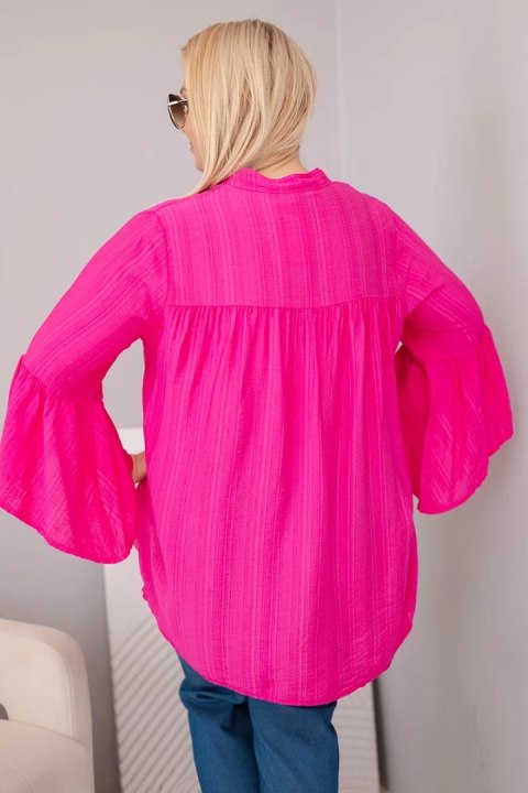 Bluzka damska wiskozowa Plus Size z falbaniastym rękawem i dekoltem V fuksja