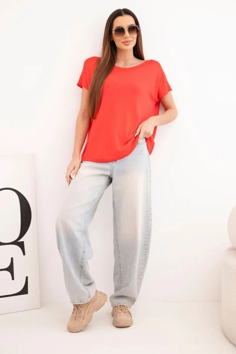 Bluzka damska wiskozowa oversize z krótkim rękawem i okrągłym dekoltem czerwona