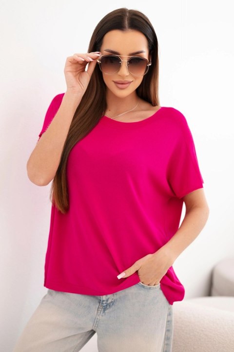 Bluzka damska wiskozowa oversize z krótkim rękawem i okrągłym dekoltem fuksja