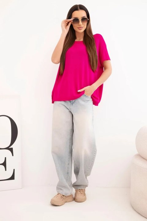Bluzka damska wiskozowa oversize z krótkim rękawem i okrągłym dekoltem fuksja