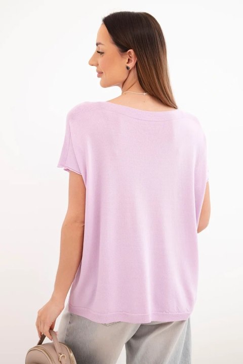 Bluzka damska wiskozowa oversize z krótkim rękawem i okrągłym dekoltem jasno fioletowa