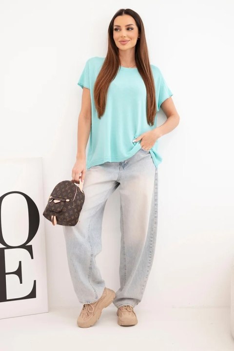 Bluzka damska wiskozowa oversize z krótkim rękawem i okrągłym dekoltem miętowa