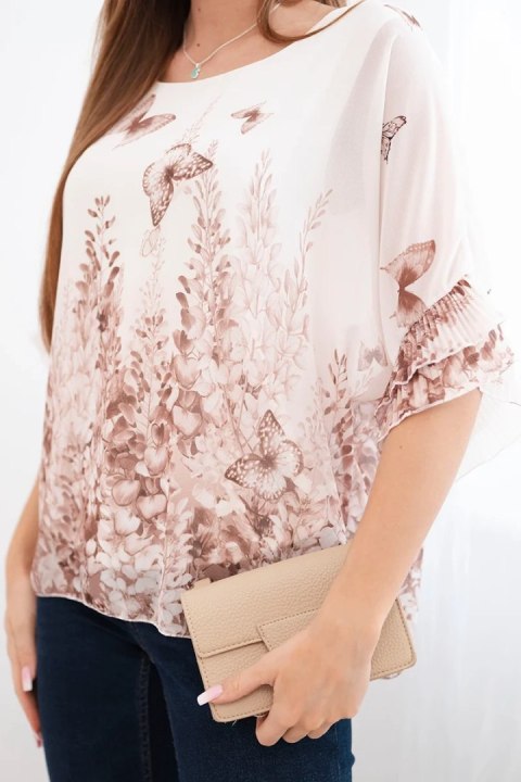 Bluzka damska z plisowanym rękawem i nadrukiem fango