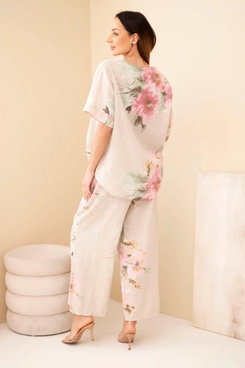 Komplet damski bawełniany z krótkim rękawem i szeroką nogawką beżowy