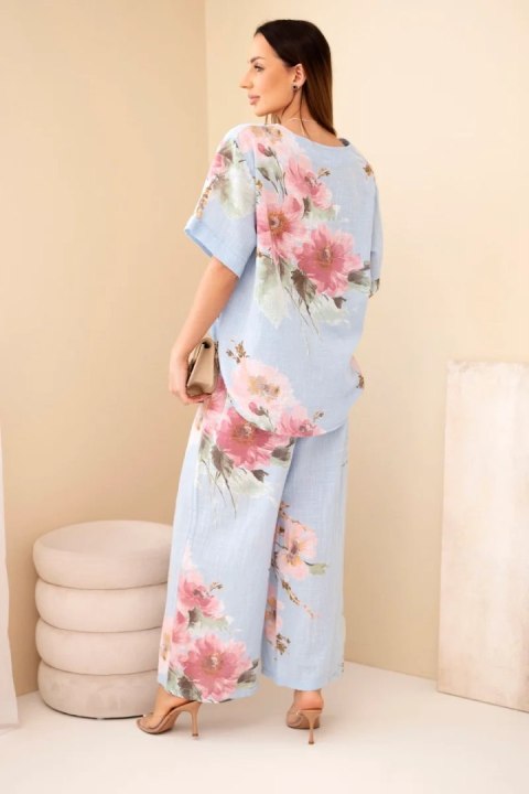 Komplet damski bawełniany z krótkim rękawem i szeroką nogawką niebieski