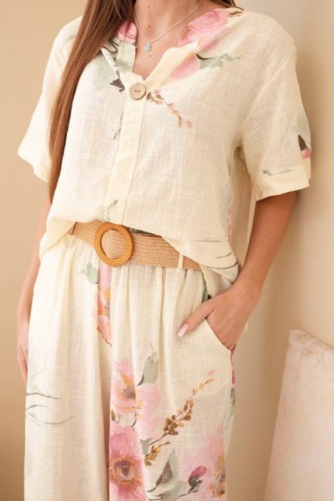 Komplet damski bawełniany z krótkim rękawem i szeroką nogawką żółty