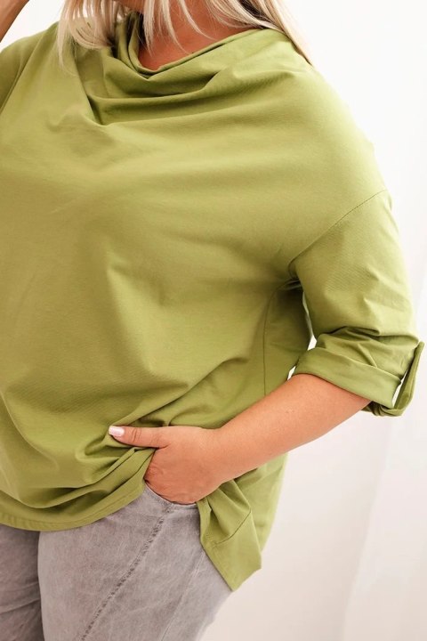 Bluzka damska Plus Size z bawełną o luźnym kroju z dekoltem wodnym oliwkowa