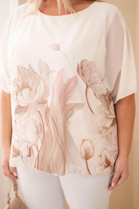 Bluzka damska Plus Size z kwiatowym printem i luźnym rękawem camelowa