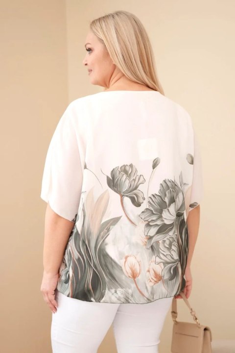 Bluzka damska Plus Size z kwiatowym printem i luźnym rękawem khaki