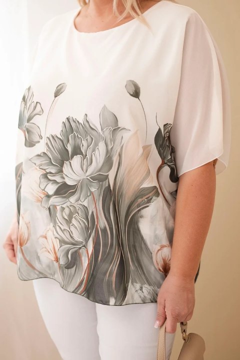 Bluzka damska Plus Size z kwiatowym printem i luźnym rękawem khaki