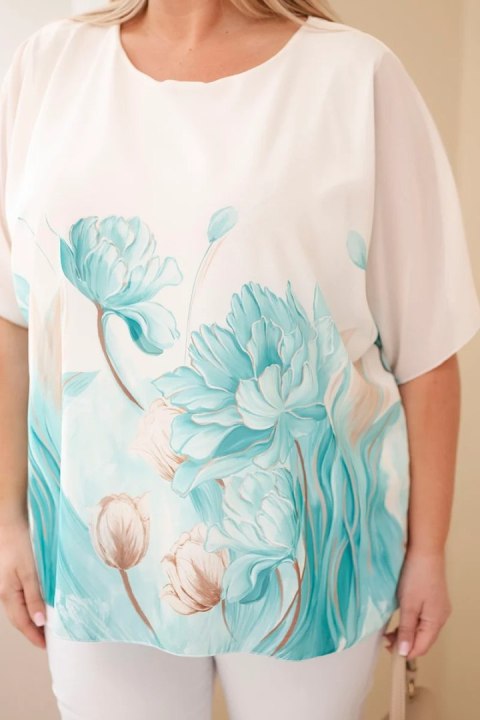 Bluzka damska Plus Size z kwiatowym printem i luźnym rękawem miętowa
