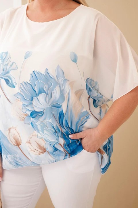 Bluzka damska Plus Size z kwiatowym printem i luźnym rękawem niebieska