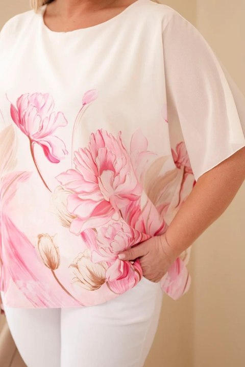 Bluzka damska Plus Size z kwiatowym printem i luźnym rękawem różowa
