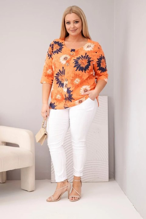 Bluzka damska bawełniana Plus Size z krótkim rękawem i guzikami pomarańczowa