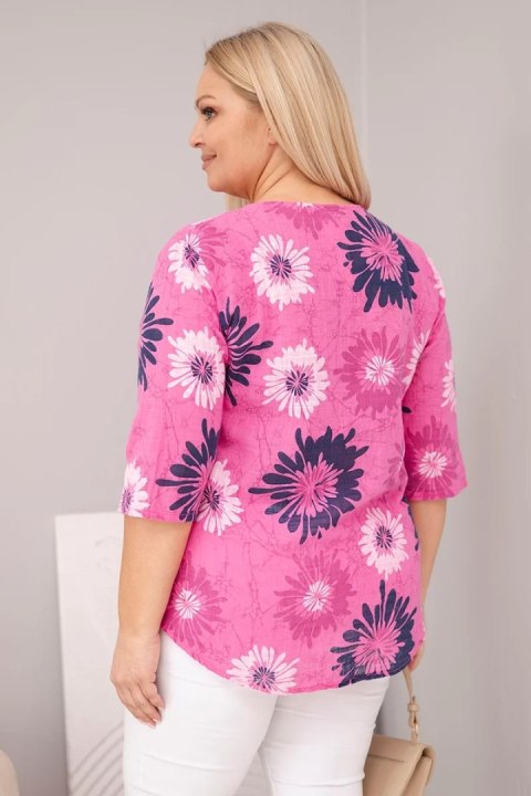Bluzka damska bawełniana Plus Size z krótkim rękawem i guzikami różowa