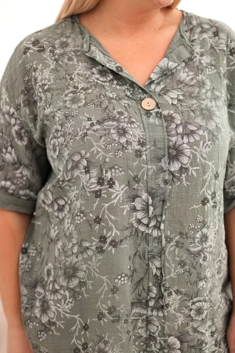 Bluzka damska bawełniana Plus Size z krótkim rękawem i ozdobnym guzikiem khaki