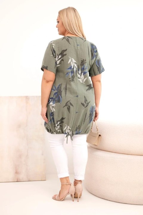 Bluzka damska bawełniana Plus Size z krótkim rękawem i wiązaniem na dole khaki