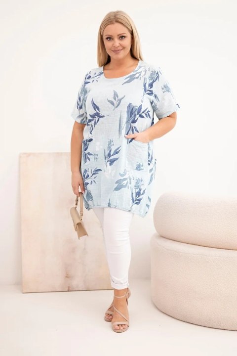 Bluzka damska bawełniana Plus Size z krótkim rękawem i wiązaniem na dole niebieska