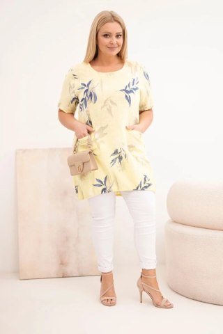 Bluzka damska bawełniana Plus Size z krótkim rękawem i wiązaniem na dole żółta