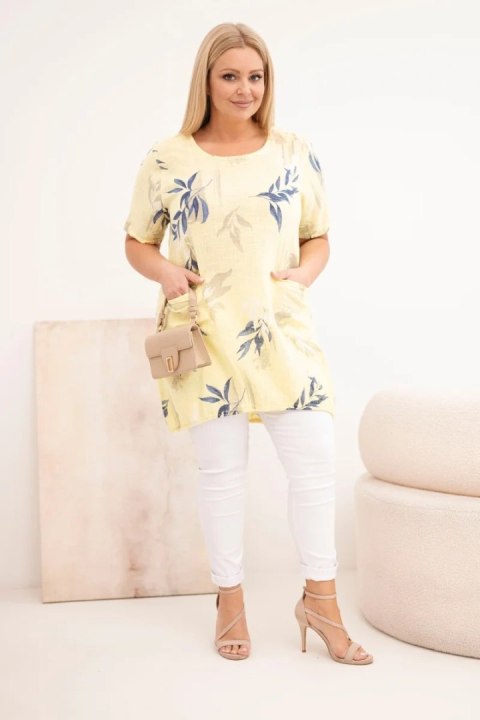 Bluzka damska bawełniana Plus Size z krótkim rękawem i wiązaniem na dole żółta