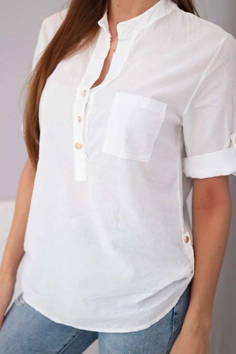 Bluzka damska koszulowa bawełniana z krótkim rękawem i kieszonką biała