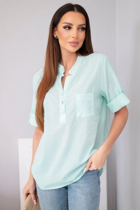 Bluzka damska koszulowa bawełniana z krótkim rękawem i kieszonką miętowa
